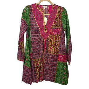 NWT Velzera Womens Boho Tunic Dress S 100% Cotton Pink Green Patchwork